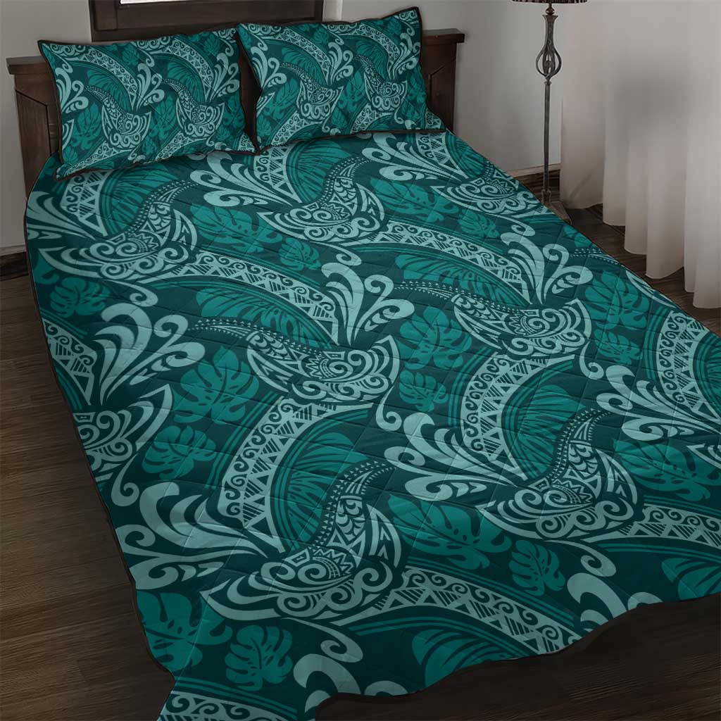 Teal Monstera Quilt Bed Set Polynesian Tribal Pattern - Polynesian Pride