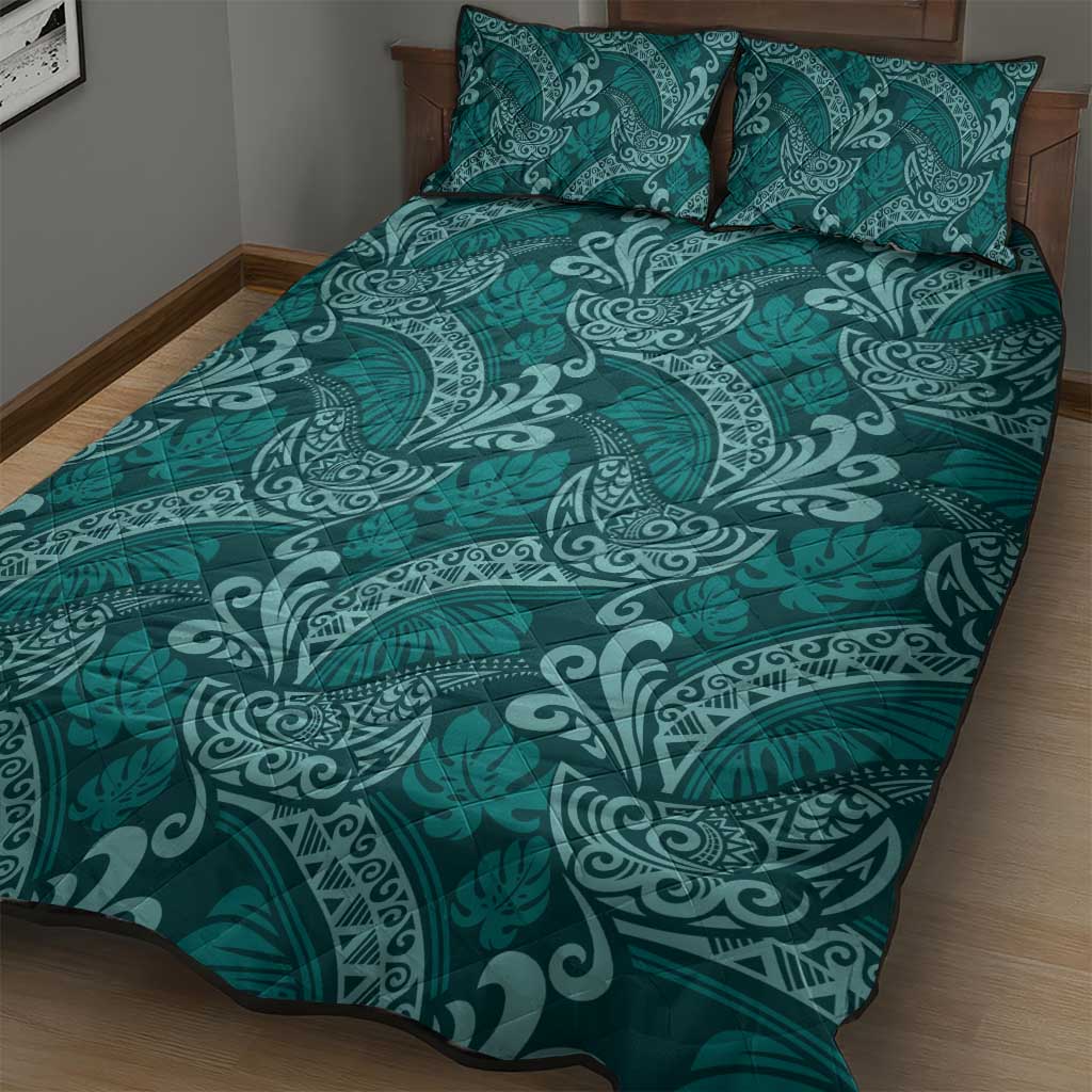 Teal Monstera Quilt Bed Set Polynesian Tribal Pattern - Polynesian Pride