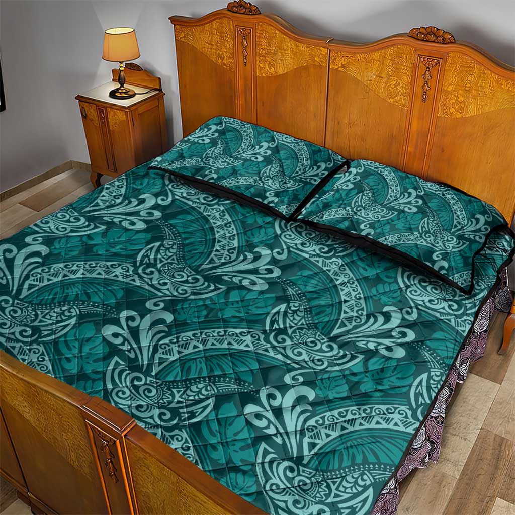 Teal Monstera Quilt Bed Set Polynesian Tribal Pattern - Polynesian Pride