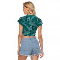 Teal Monstera Raglan Cropped T Shirt Polynesian Tribal Pattern - Polynesian Pride
