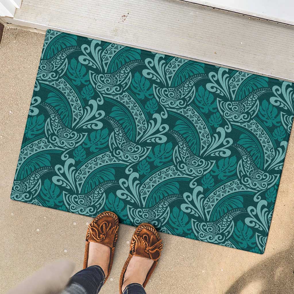 Teal Monstera Rubber Doormat Polynesian Tribal Pattern - Polynesian Pride