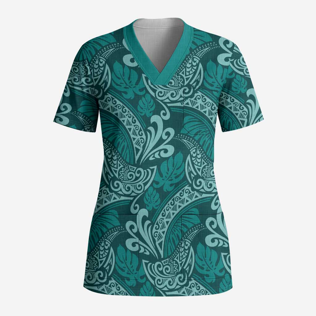Teal Monstera Scrub Top Polynesian Tribal Pattern - Polynesian Pride