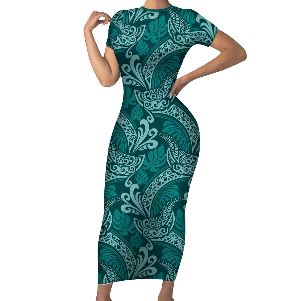 Teal Monstera Short Sleeve Bodycon Dress Polynesian Tribal Pattern - Polynesian Pride