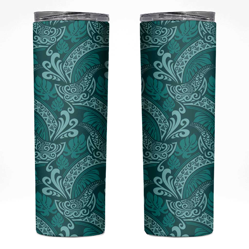 Teal Monstera Skinny Tumbler Polynesian Tribal Pattern - Polynesian Pride
