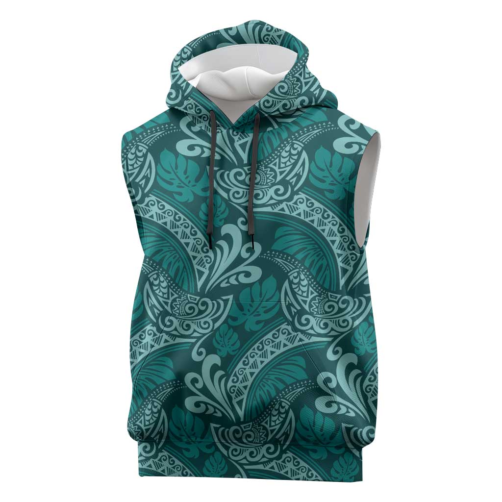 Teal Monstera Sleeveless Hoodie Polynesian Tribal Pattern - Polynesian Pride