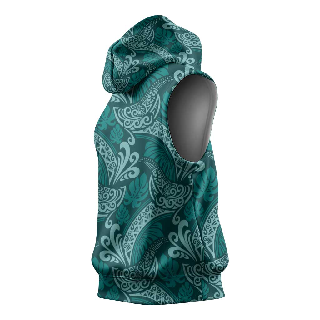 Teal Monstera Sleeveless Hoodie Polynesian Tribal Pattern - Polynesian Pride