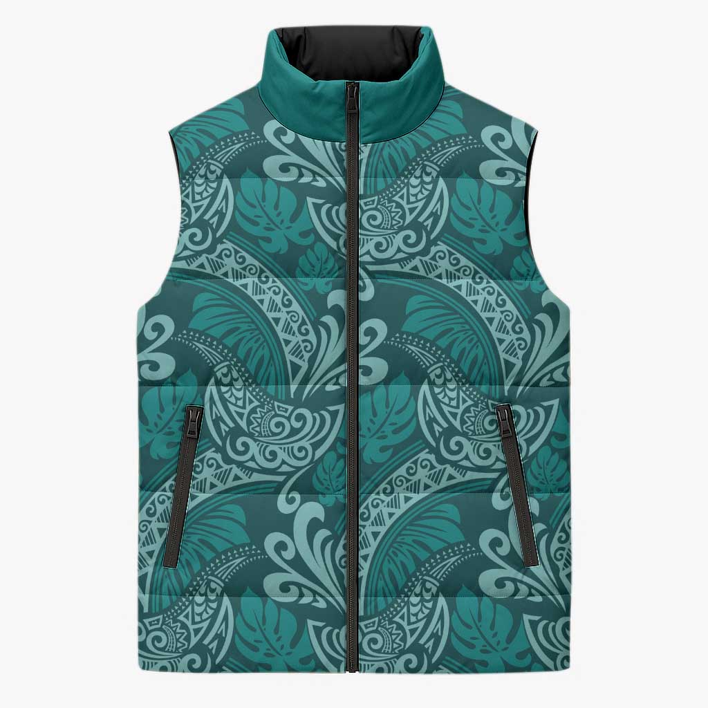 Teal Monstera Sleeveless Puffer Jacket Polynesian Tribal Pattern - Polynesian Pride