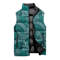 Teal Monstera Sleeveless Puffer Jacket Polynesian Tribal Pattern - Polynesian Pride
