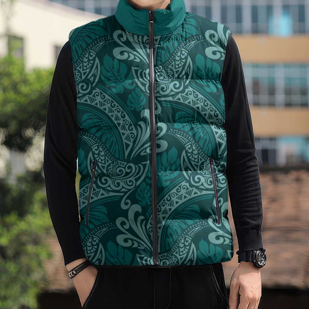 Teal Monstera Sleeveless Puffer Jacket Polynesian Tribal Pattern - Polynesian Pride