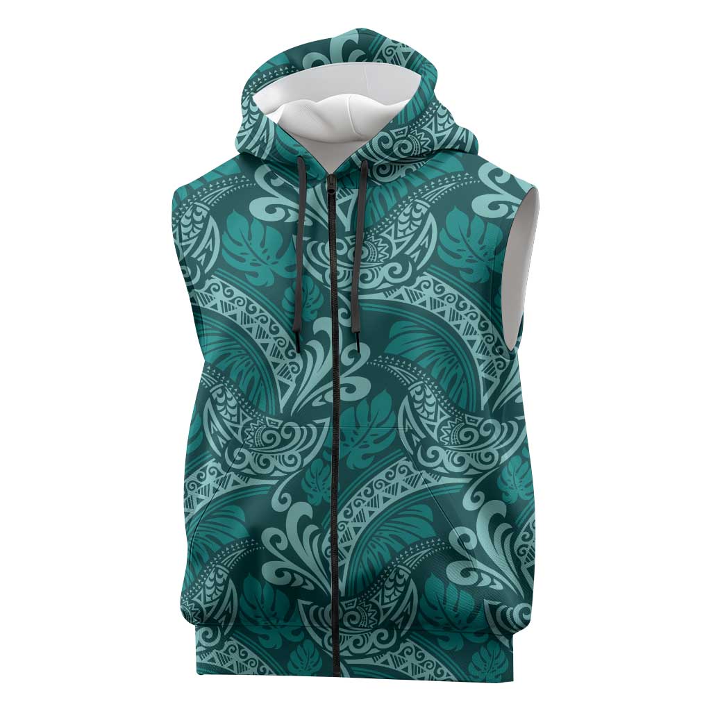 Teal Monstera Sleeveless Zip Hoodie Polynesian Tribal Pattern - Polynesian Pride