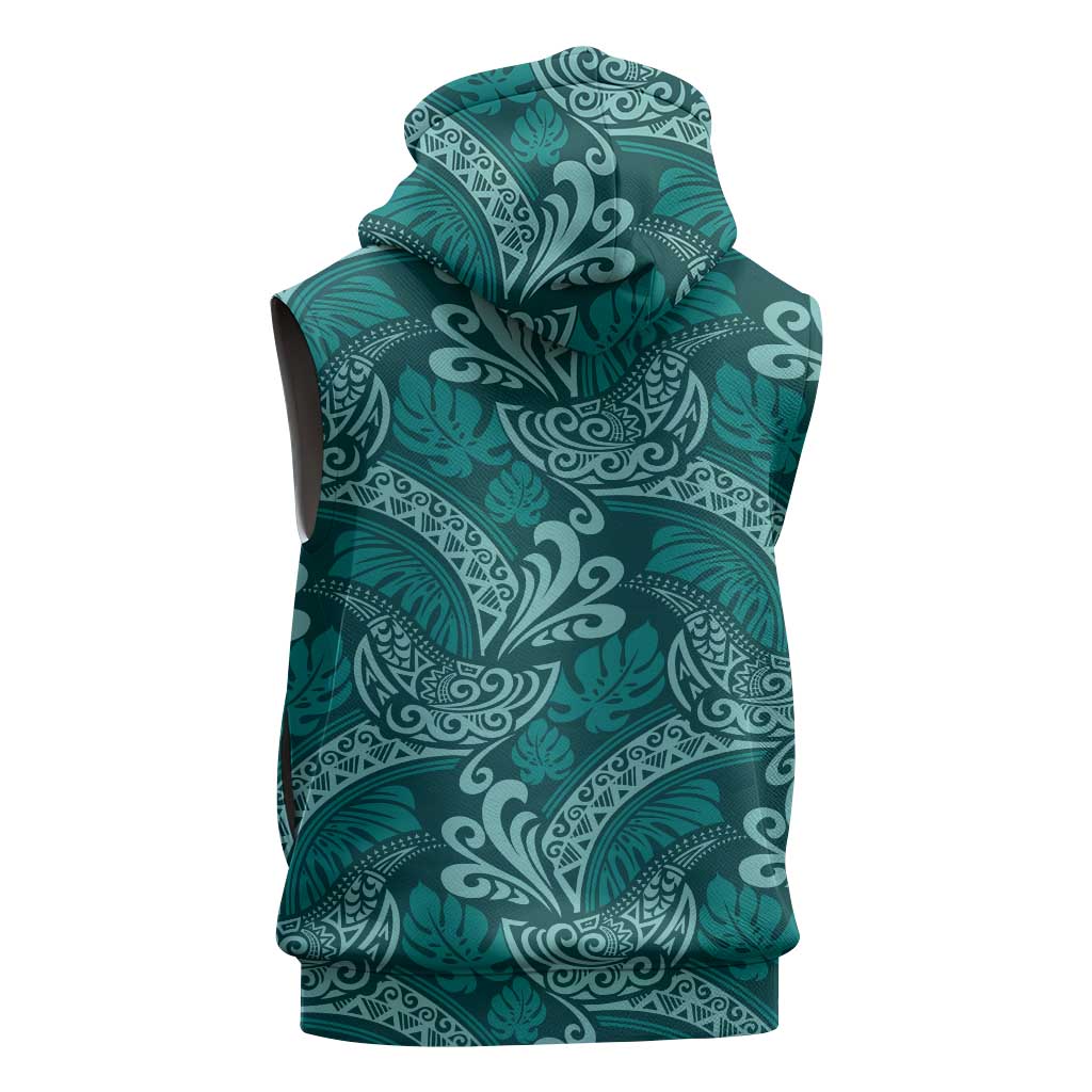 Teal Monstera Sleeveless Zip Hoodie Polynesian Tribal Pattern - Polynesian Pride