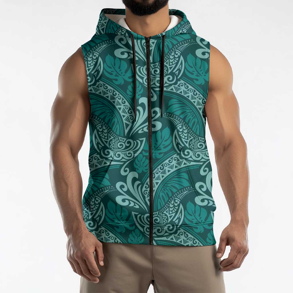 Teal Monstera Sleeveless Zip Hoodie Polynesian Tribal Pattern - Polynesian Pride