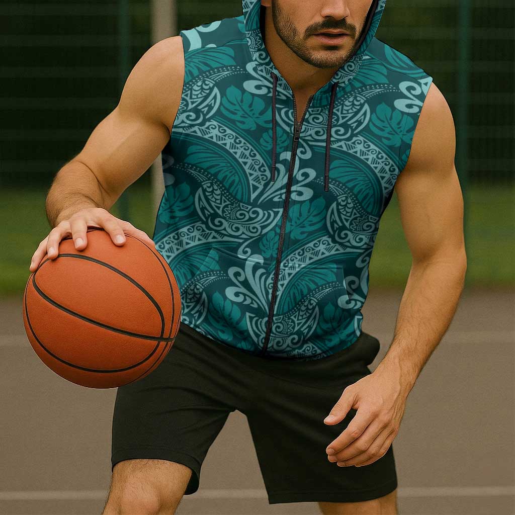 Teal Monstera Sleeveless Zip Hoodie Polynesian Tribal Pattern - Polynesian Pride