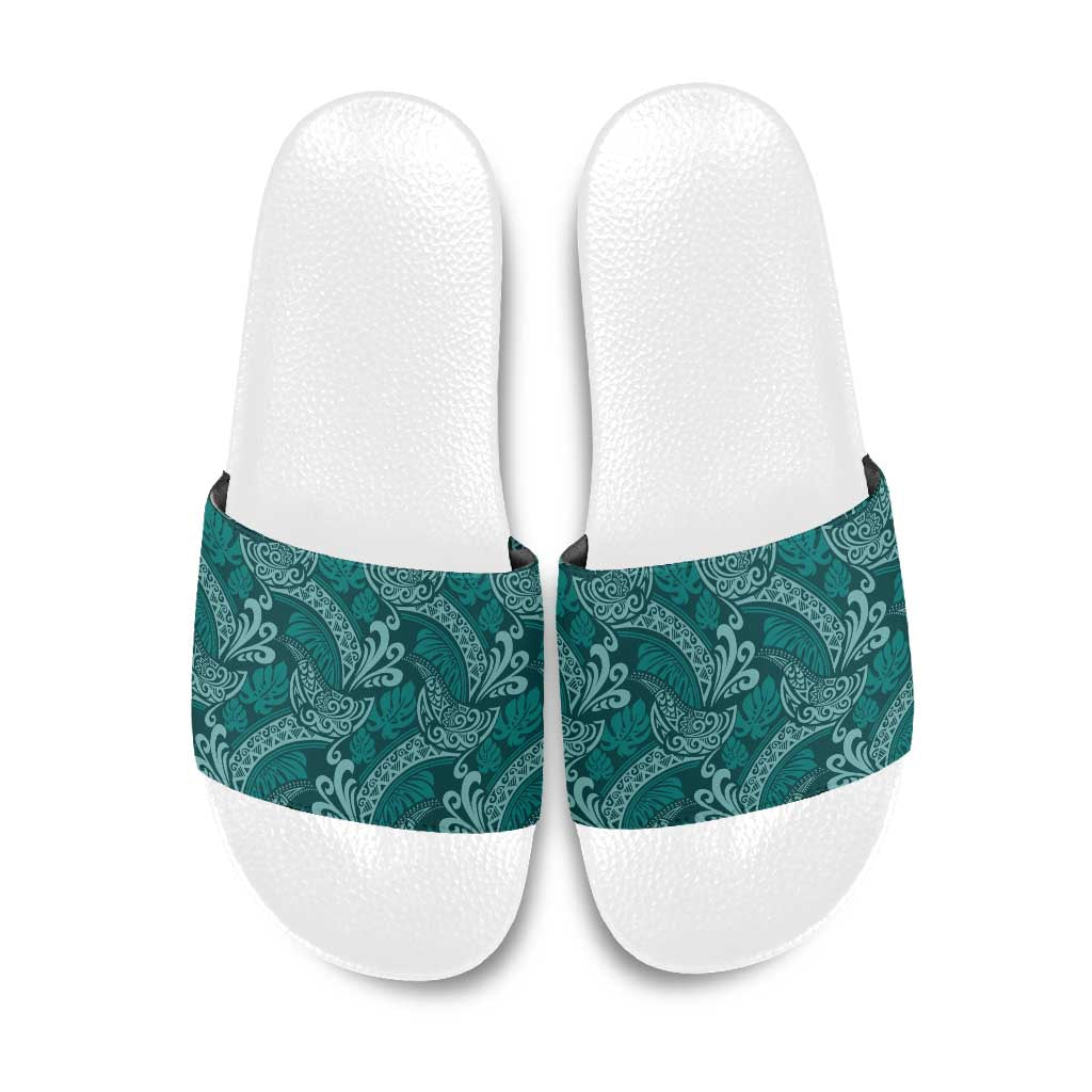 Teal Monstera Slide Sandals Polynesian Tribal Pattern - Polynesian Pride