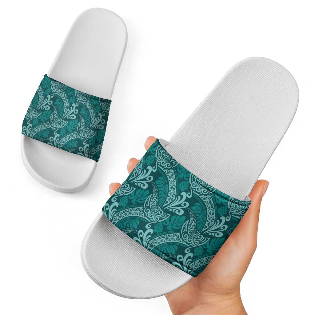 Teal Monstera Slide Sandals Polynesian Tribal Pattern - Polynesian Pride