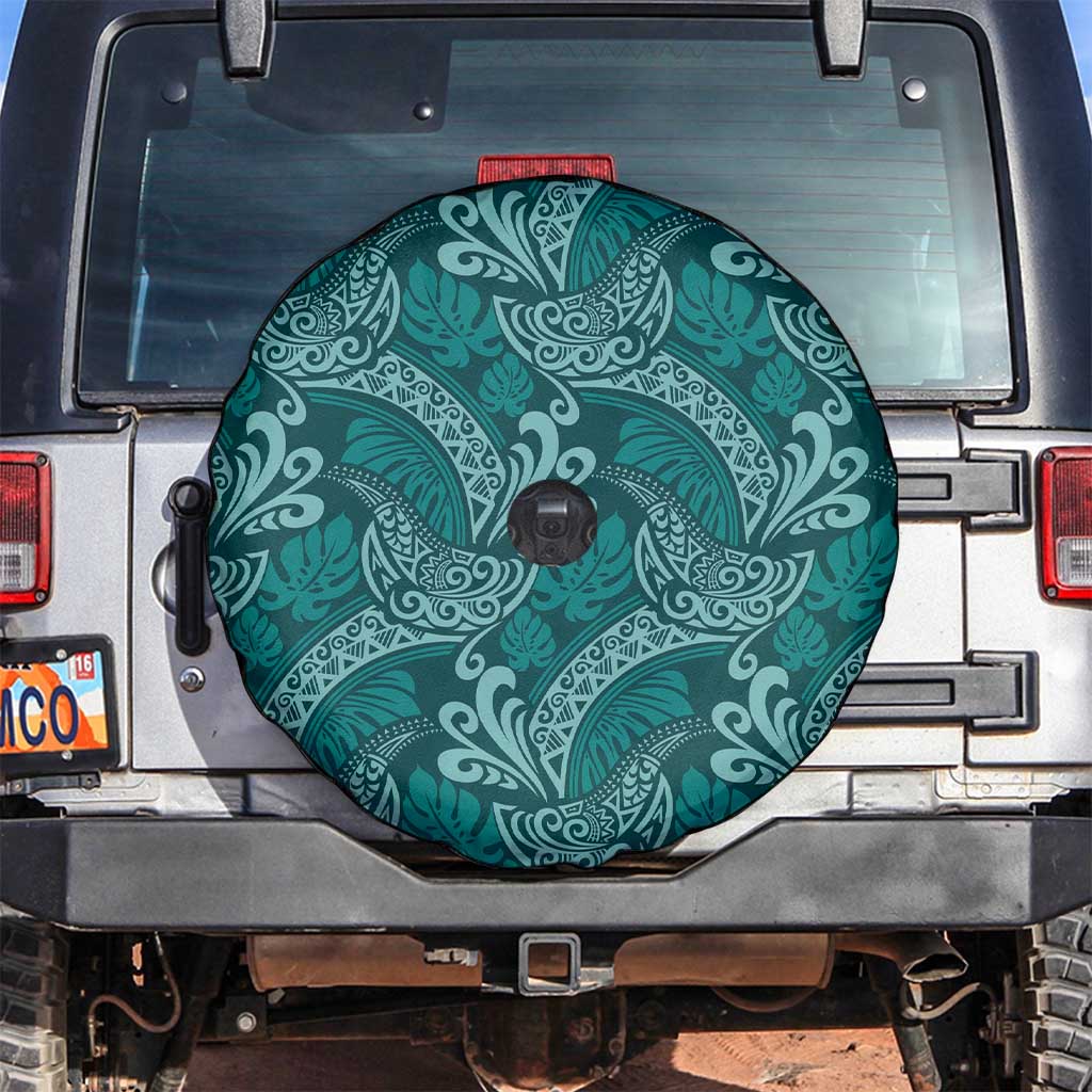 Teal Monstera Spare Tire Cover Polynesian Tribal Pattern - Polynesian Pride