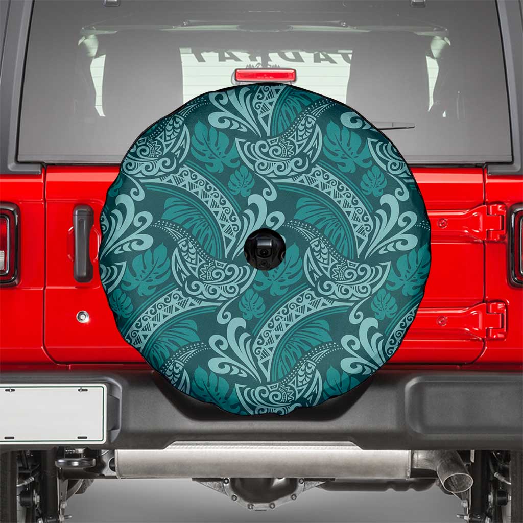 Teal Monstera Spare Tire Cover Polynesian Tribal Pattern - Polynesian Pride