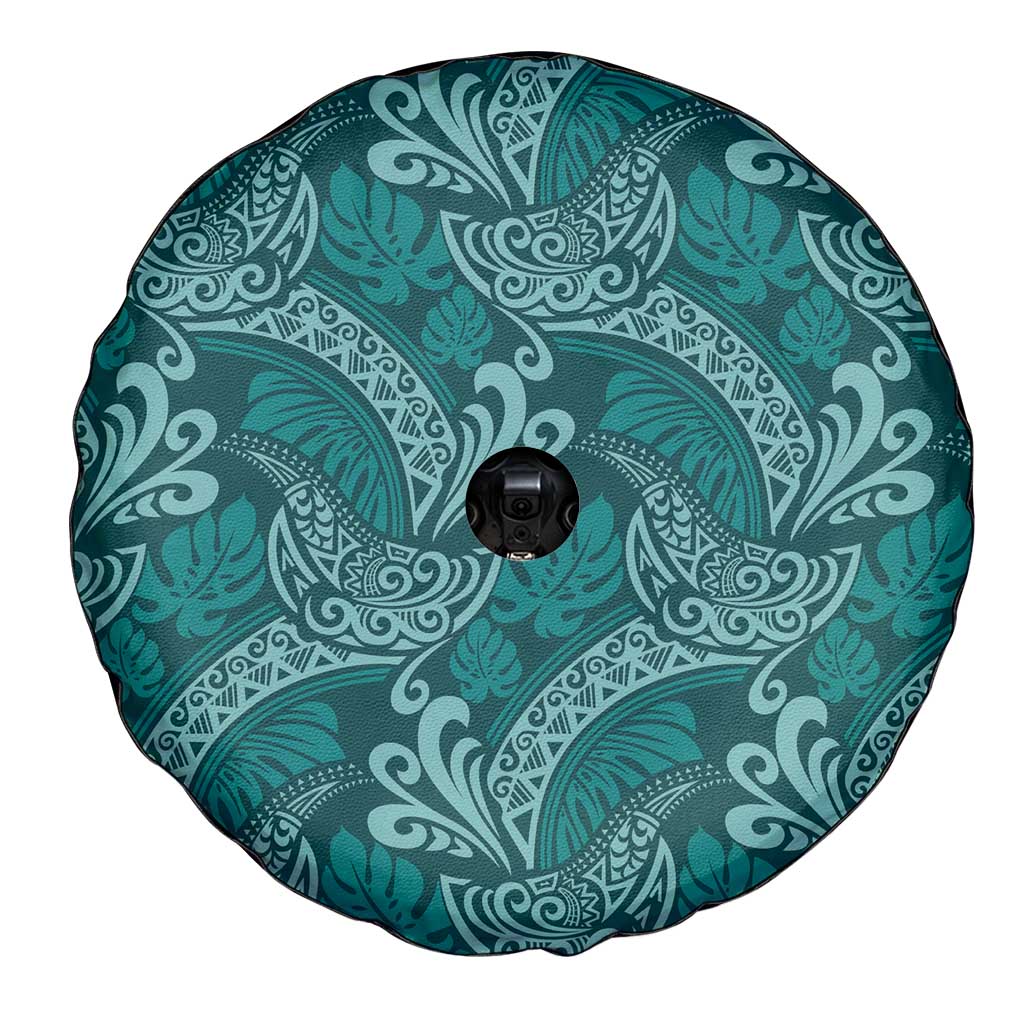 Teal Monstera Spare Tire Cover Polynesian Tribal Pattern - Polynesian Pride