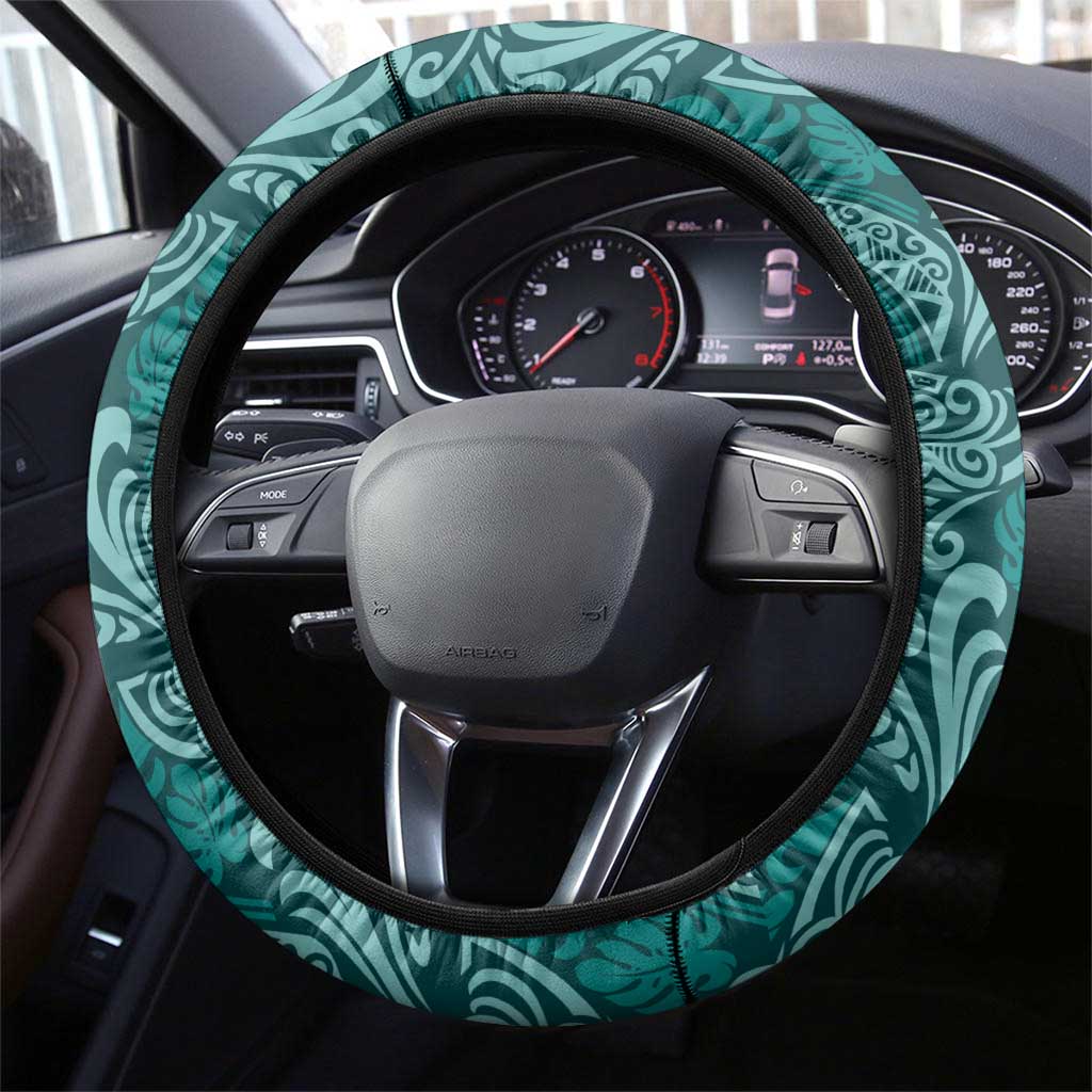 Teal Monstera Steering Wheel Cover Polynesian Tribal Pattern - Polynesian Pride
