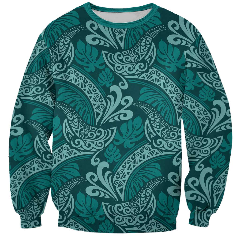 Teal Monstera Sweatshirt Polynesian Tribal Pattern - Polynesian Pride