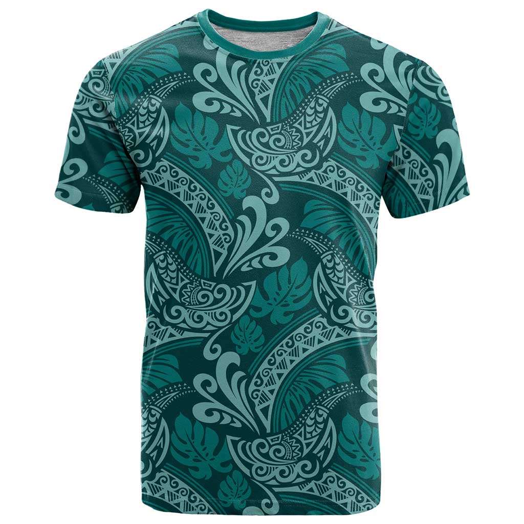 Teal Monstera T Shirt Polynesian Tribal Pattern - Polynesian Pride