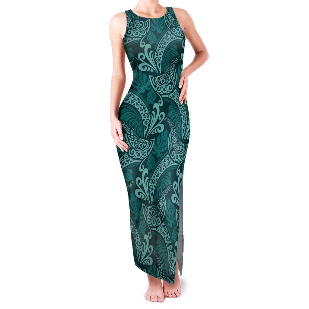 Teal Monstera Tank Maxi Dress Polynesian Tribal Pattern - Polynesian Pride