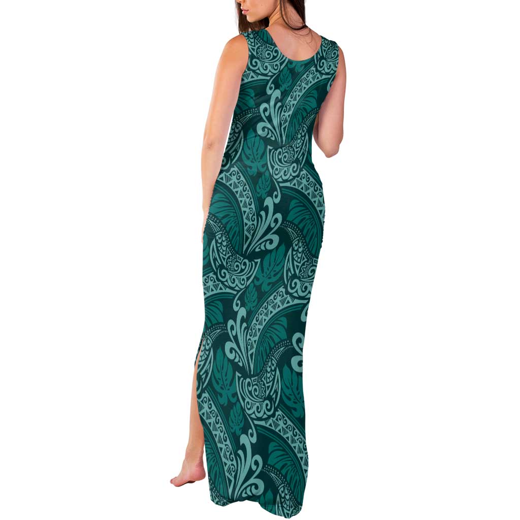 Teal Monstera Tank Maxi Dress Polynesian Tribal Pattern - Polynesian Pride
