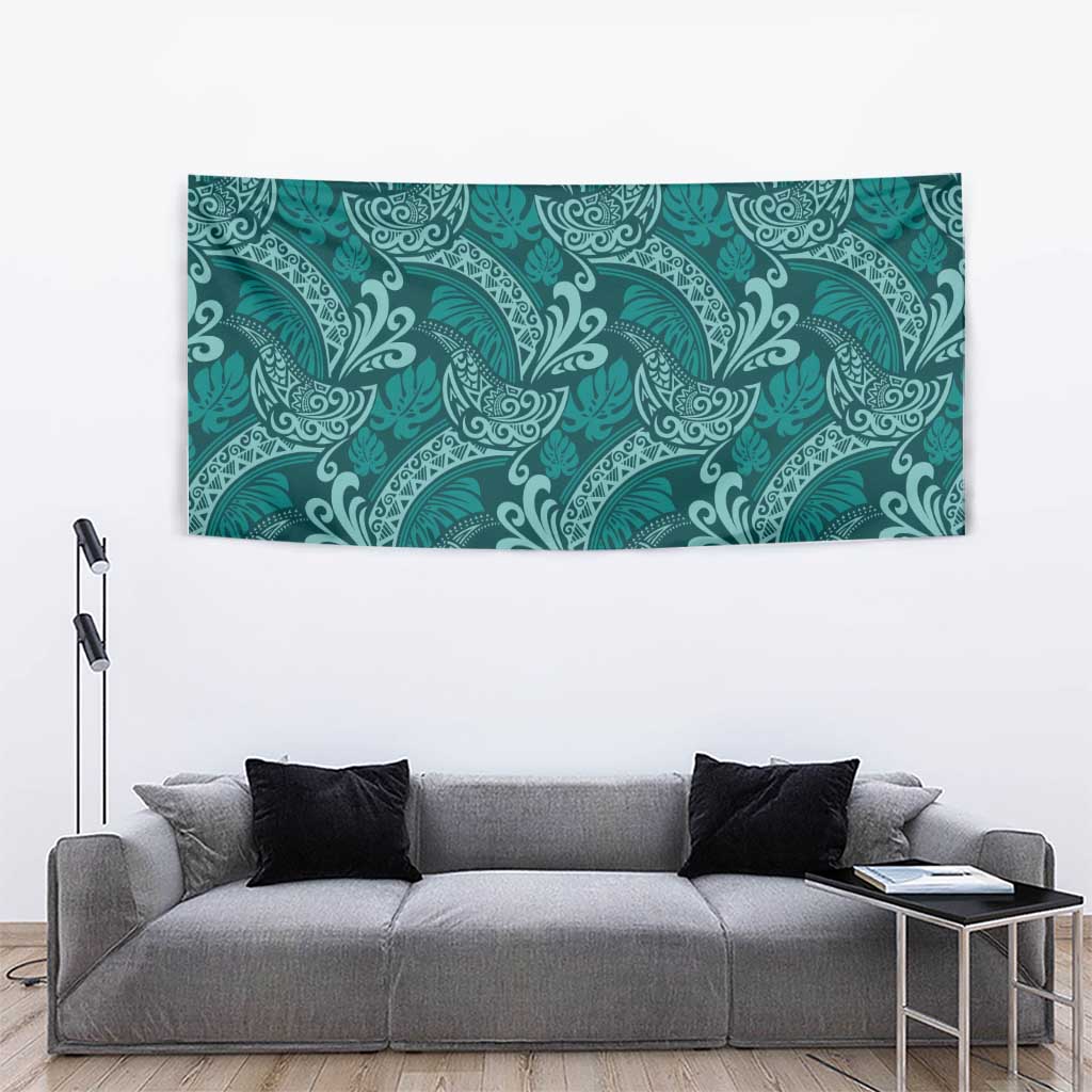 Teal Monstera Tapestry Polynesian Tribal Pattern - Polynesian Pride
