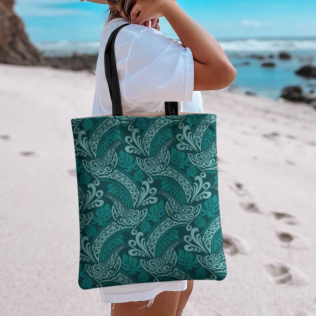 Teal Monstera Tote Bag Polynesian Tribal Pattern - Polynesian Pride