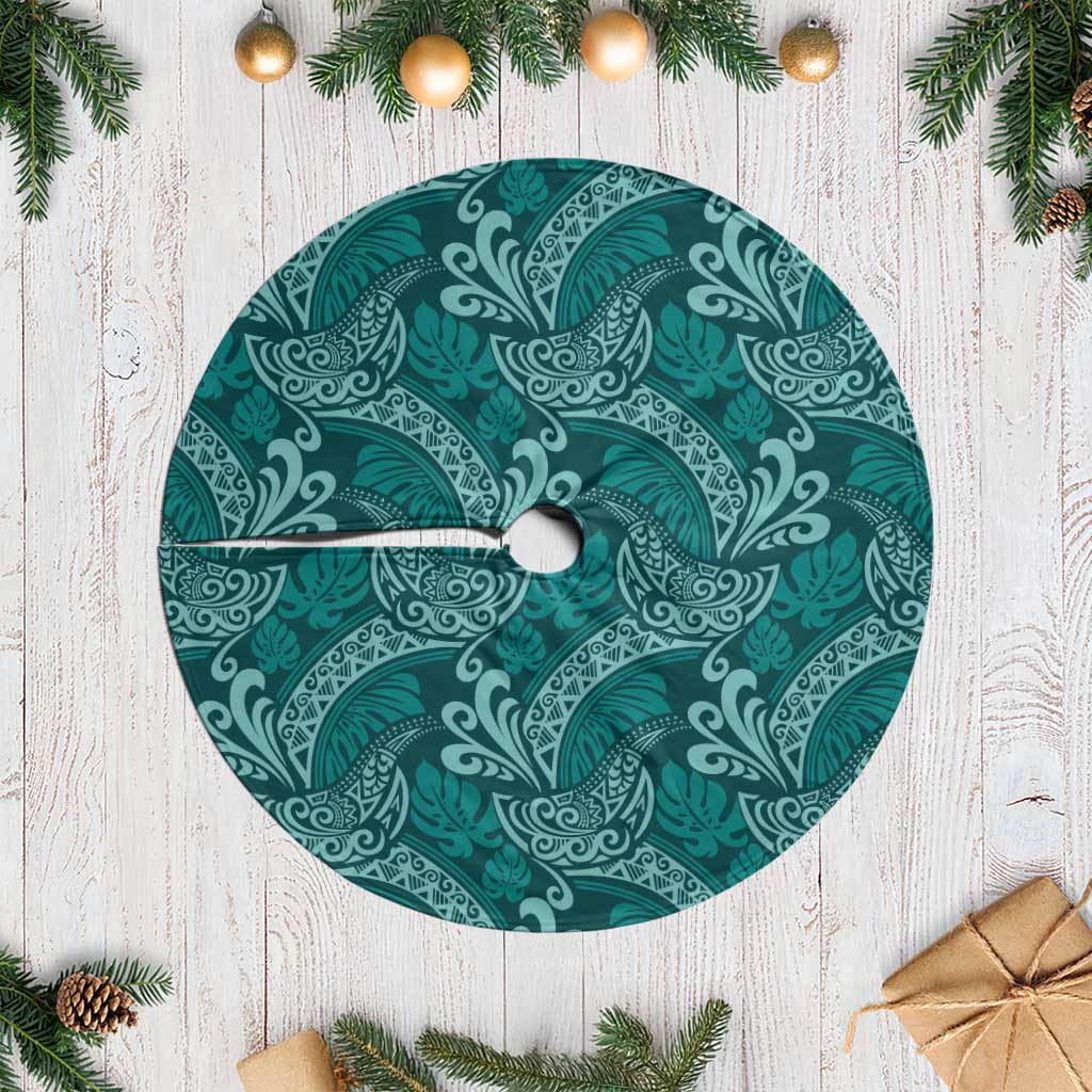 Teal Monstera Tree Skirt Polynesian Tribal Pattern - Polynesian Pride