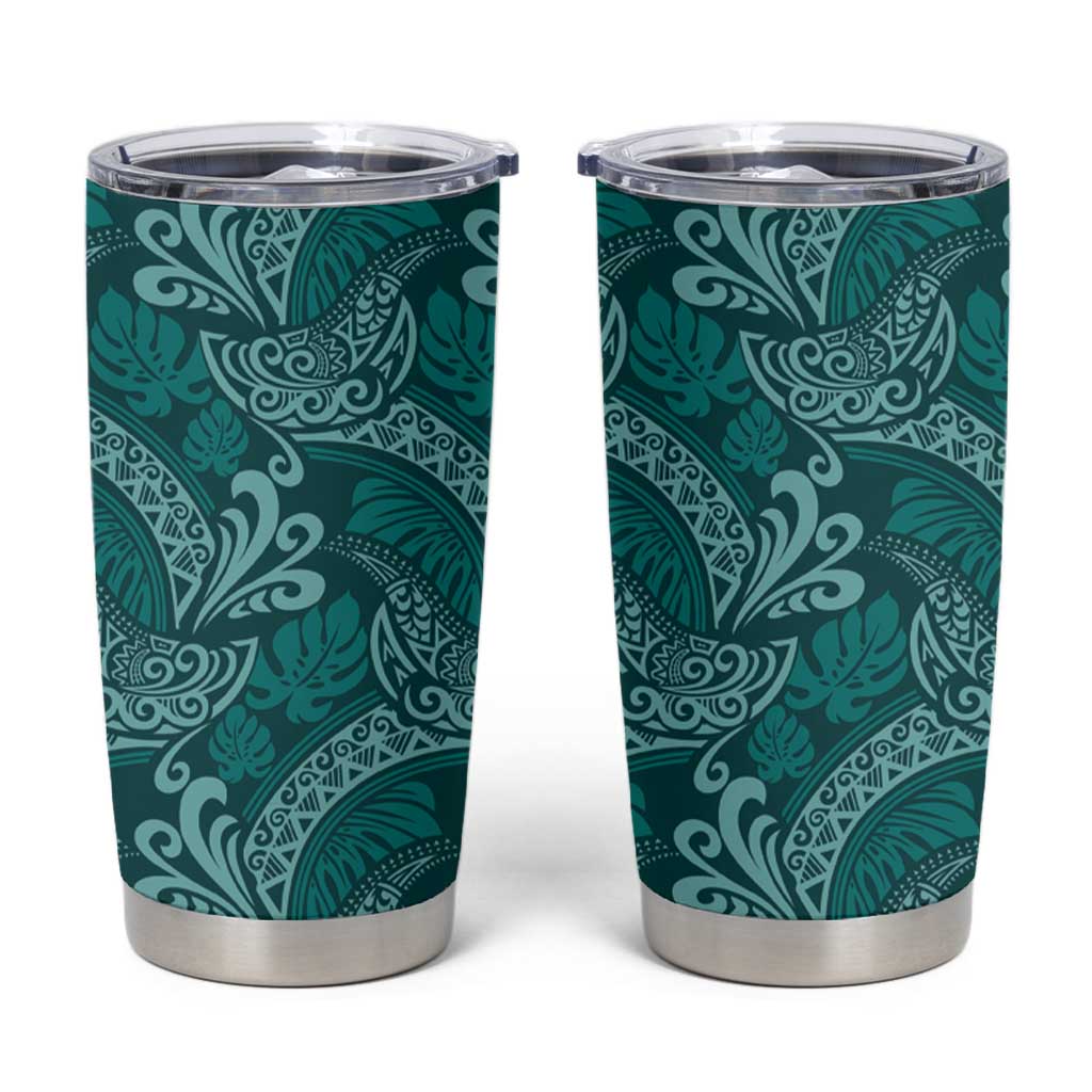 Teal Monstera Tumbler Cup Polynesian Tribal Pattern - Polynesian Pride