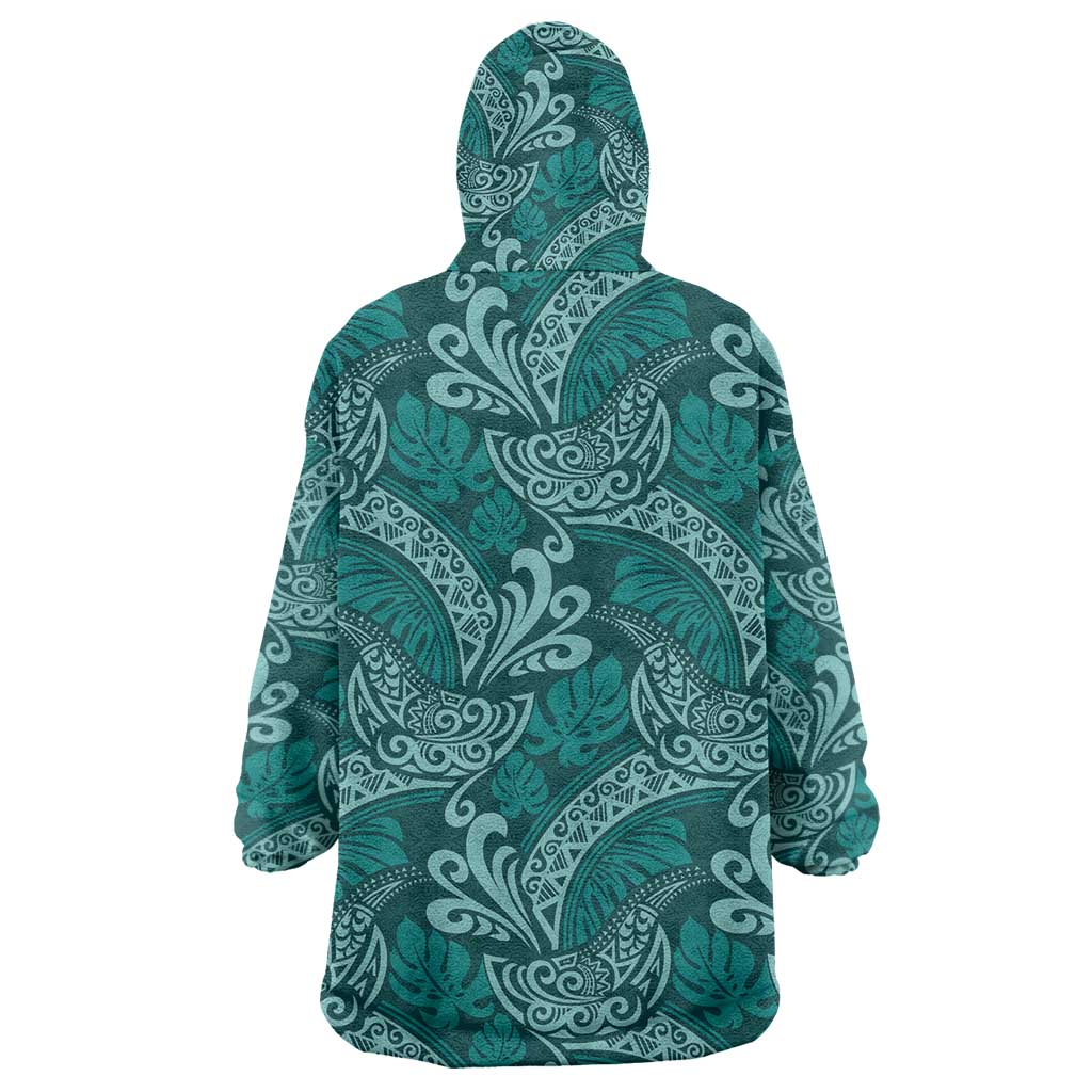 Teal Monstera Wearable Blanket Hoodie Polynesian Tribal Pattern - Polynesian Pride