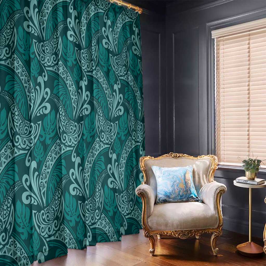 Teal Monstera Window Curtain Polynesian Tribal Pattern - Polynesian Pride