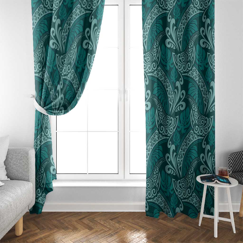 Teal Monstera Window Curtain Polynesian Tribal Pattern - Polynesian Pride