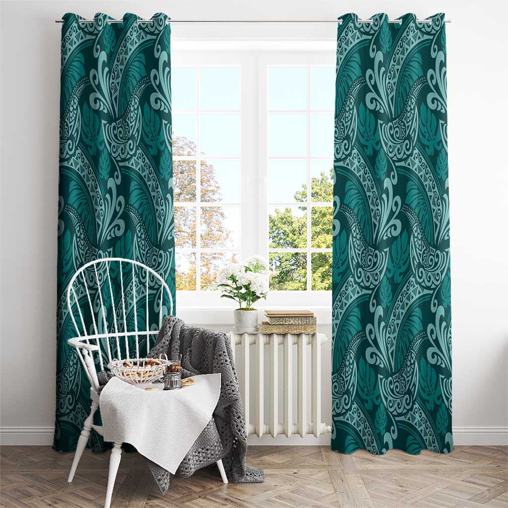 Teal Monstera Window Curtain Polynesian Tribal Pattern - Polynesian Pride