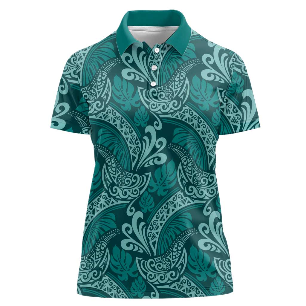 Teal Monstera Women Polo Shirt Polynesian Tribal Pattern - Polynesian Pride