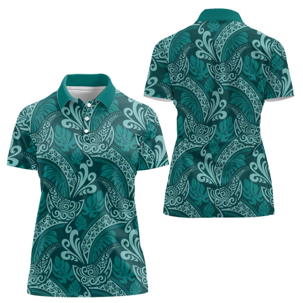 Teal Monstera Women Polo Shirt Polynesian Tribal Pattern - Polynesian Pride