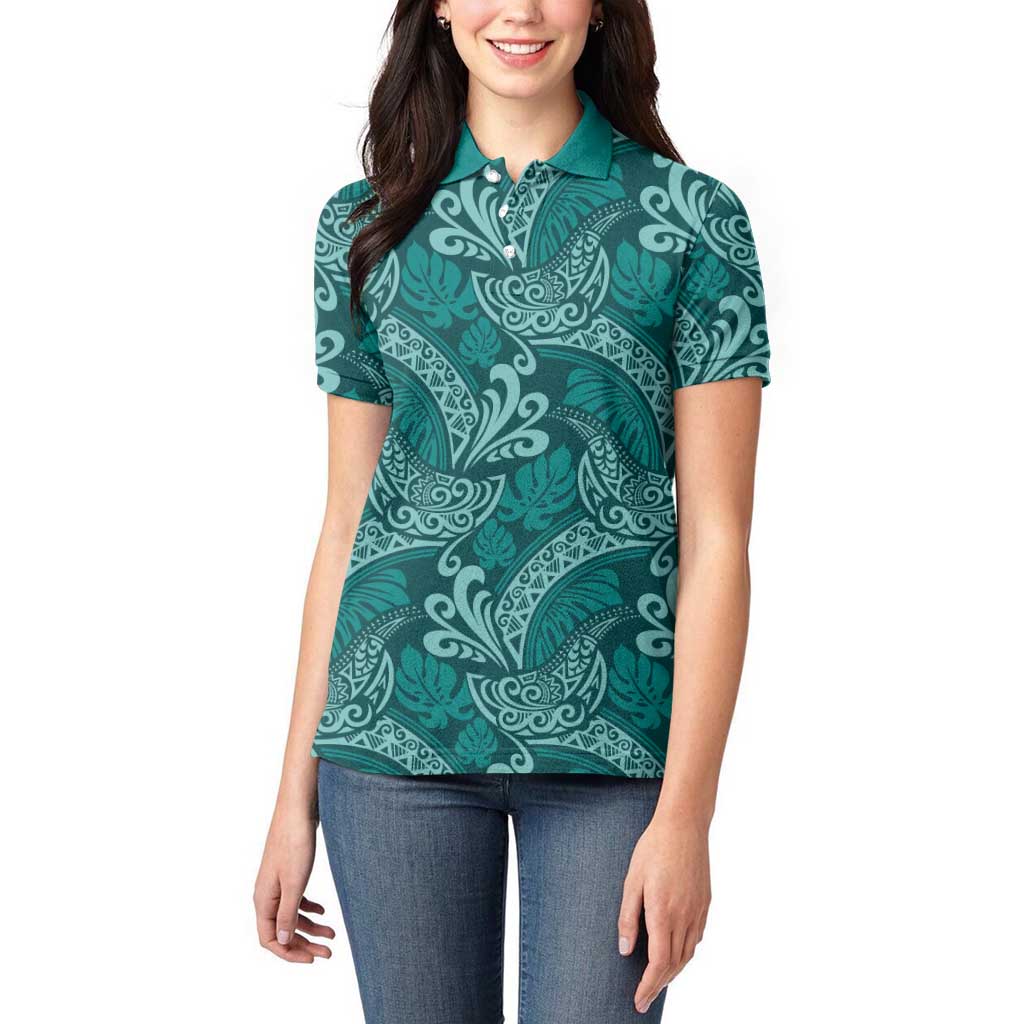 Teal Monstera Women Polo Shirt Polynesian Tribal Pattern - Polynesian Pride
