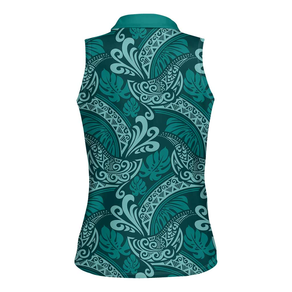 Teal Monstera Women Sleeveless Polo Shirt Polynesian Tribal Pattern - Polynesian Pride