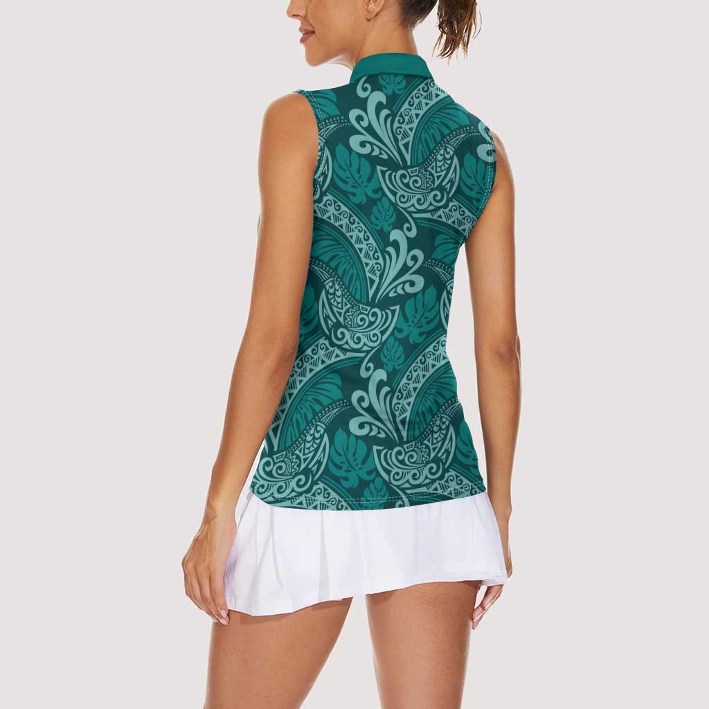 Teal Monstera Women Sleeveless Polo Shirt Polynesian Tribal Pattern - Polynesian Pride