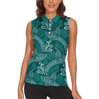 Teal Monstera Women Sleeveless Polo Shirt Polynesian Tribal Pattern - Polynesian Pride