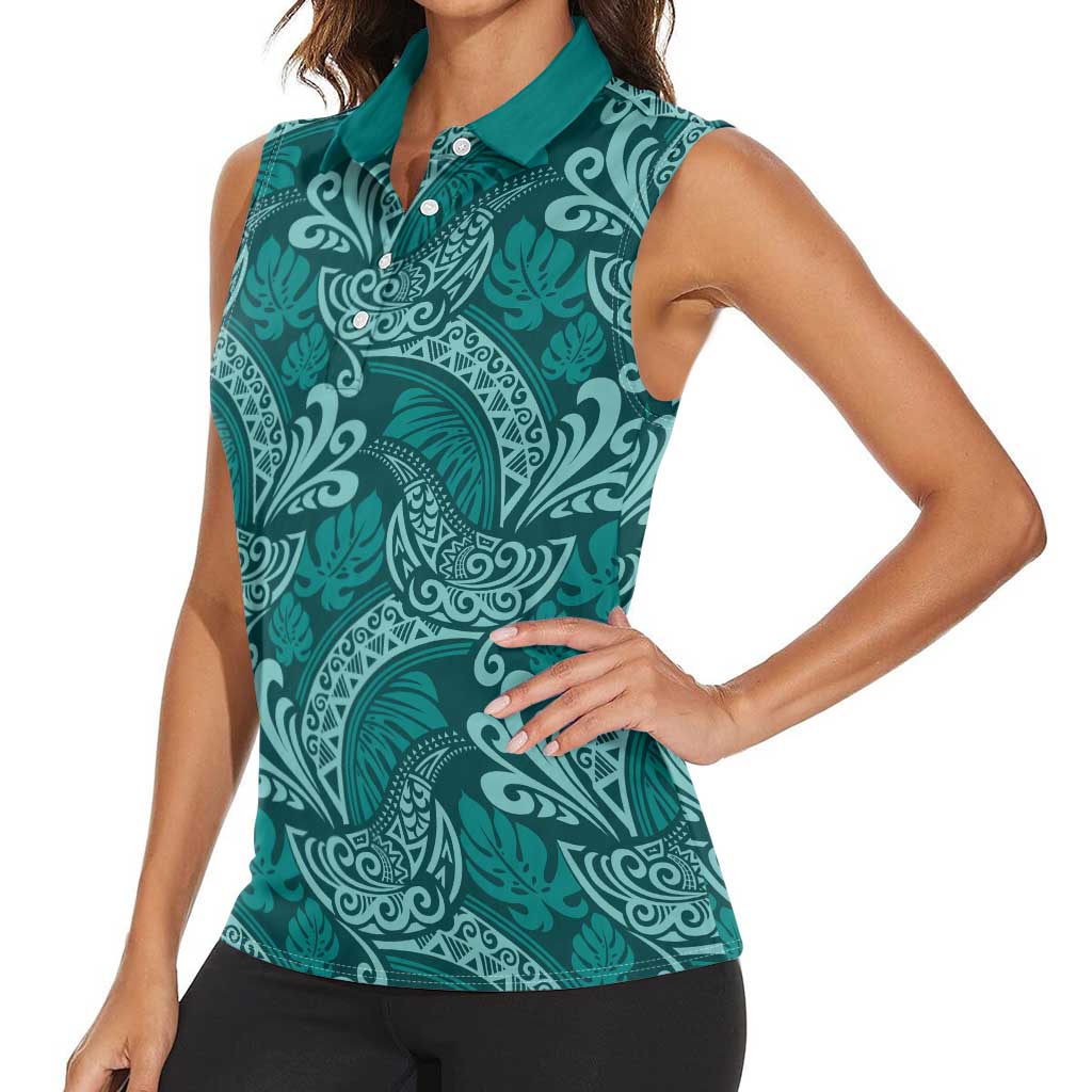 Teal Monstera Women Sleeveless Polo Shirt Polynesian Tribal Pattern - Polynesian Pride