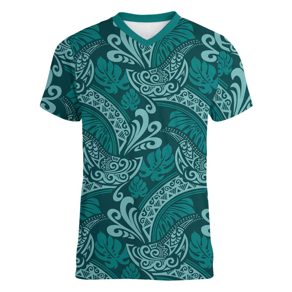 Teal Monstera Women V-Neck T-Shirt Polynesian Tribal Pattern - Polynesian Pride