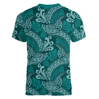 Teal Monstera Women V-Neck T-Shirt Polynesian Tribal Pattern - Polynesian Pride