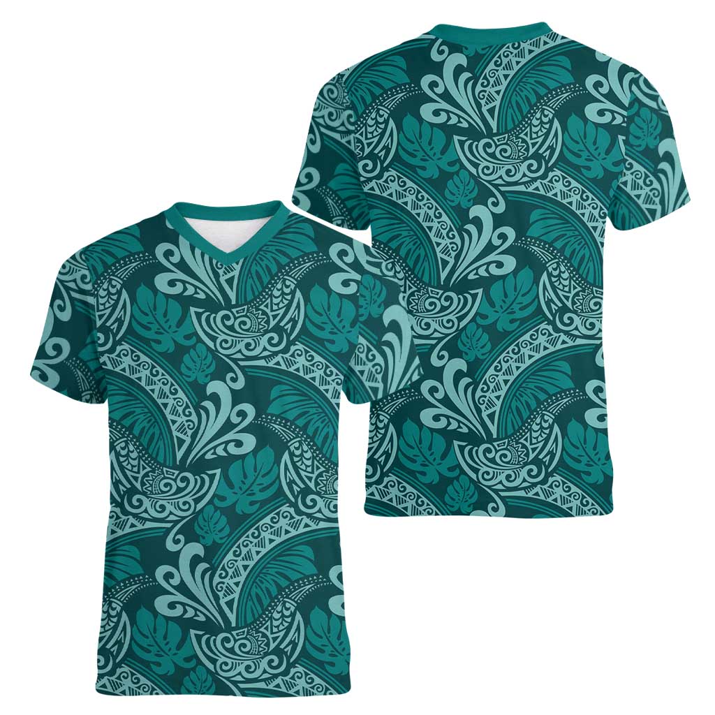 Teal Monstera Women V-Neck T-Shirt Polynesian Tribal Pattern - Polynesian Pride