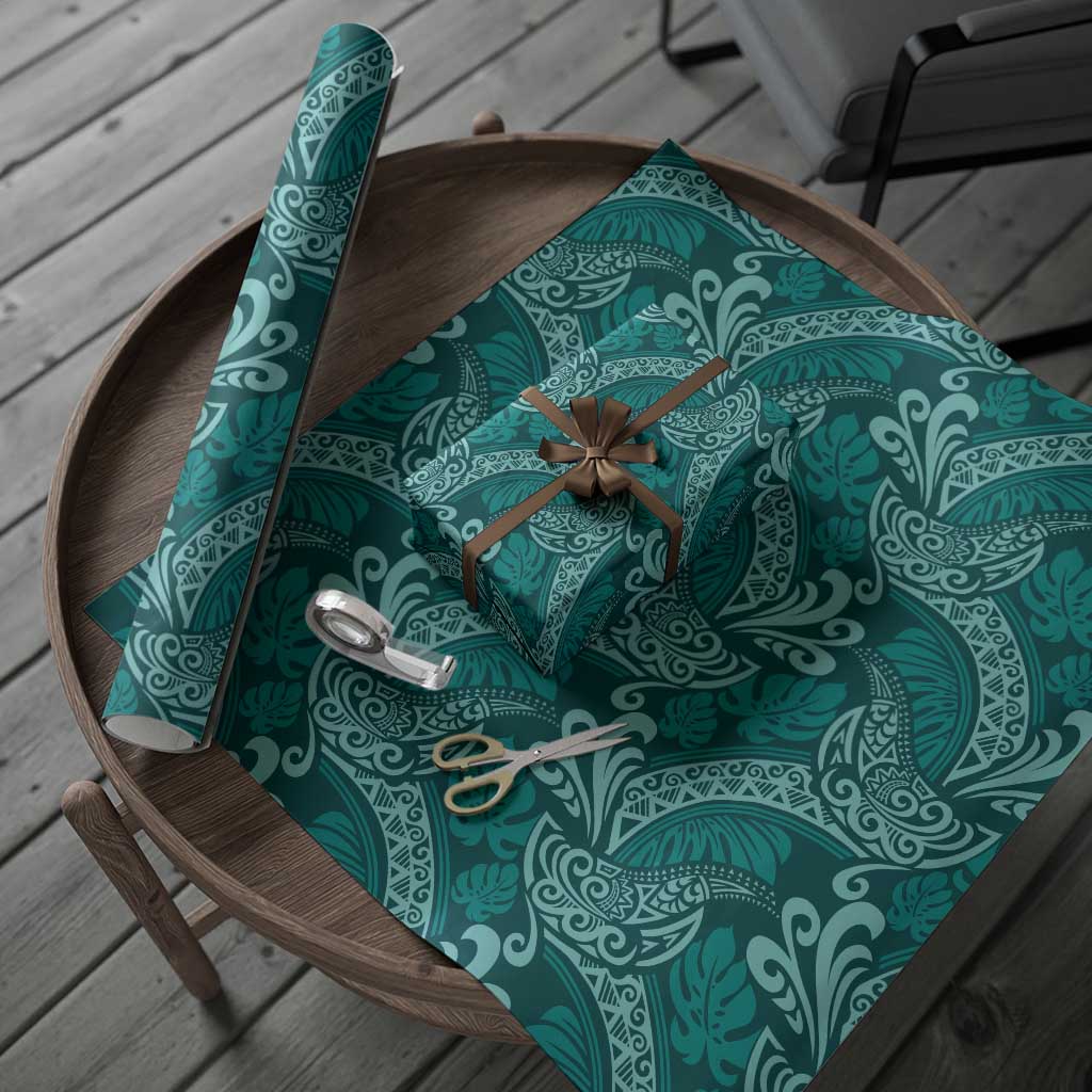 Teal Monstera Wrapping Paper Polynesian Tribal Pattern - Polynesian Pride