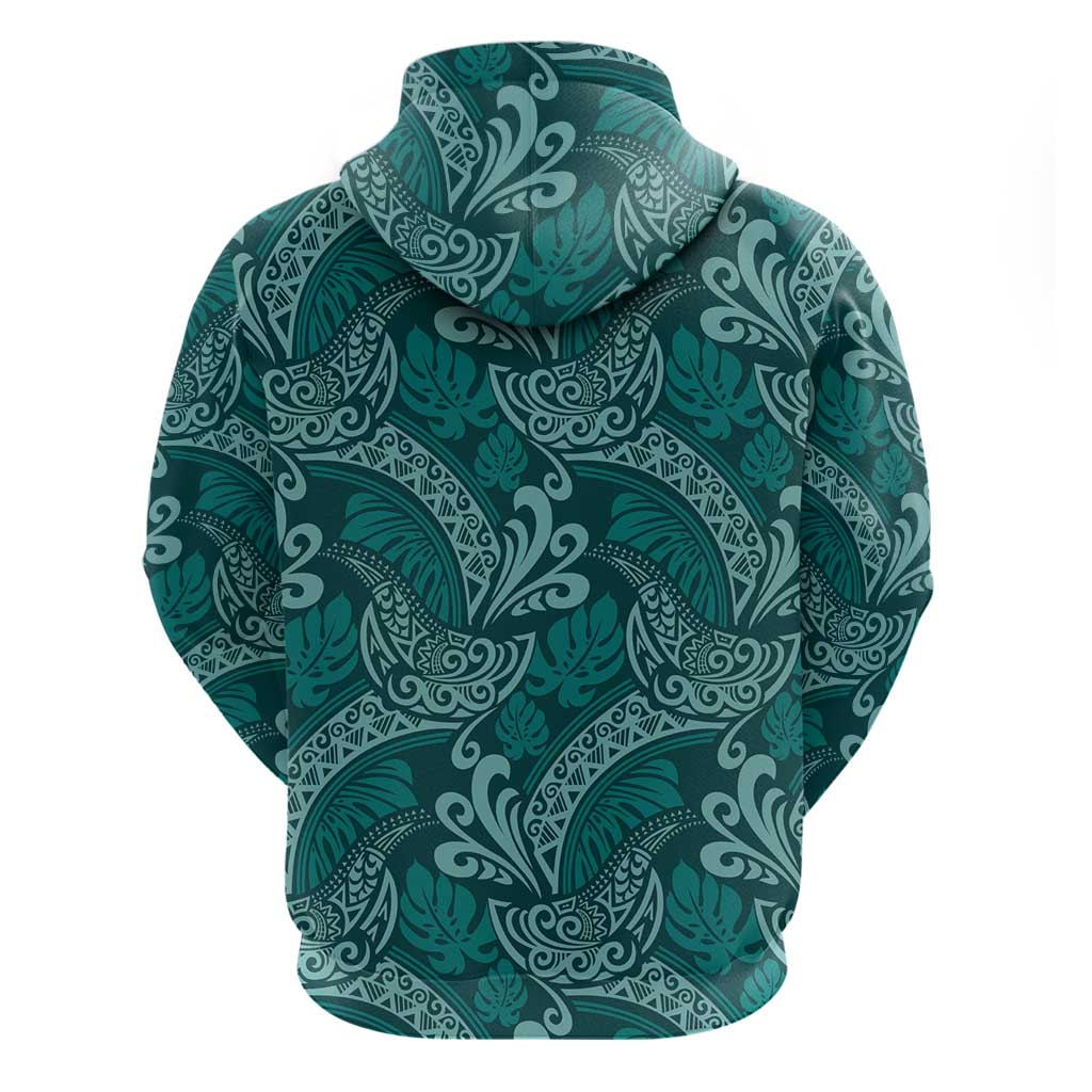 Teal Monstera Zip Hoodie Polynesian Tribal Pattern - Polynesian Pride