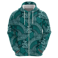 Teal Monstera Zip Hoodie Polynesian Tribal Pattern - Polynesian Pride