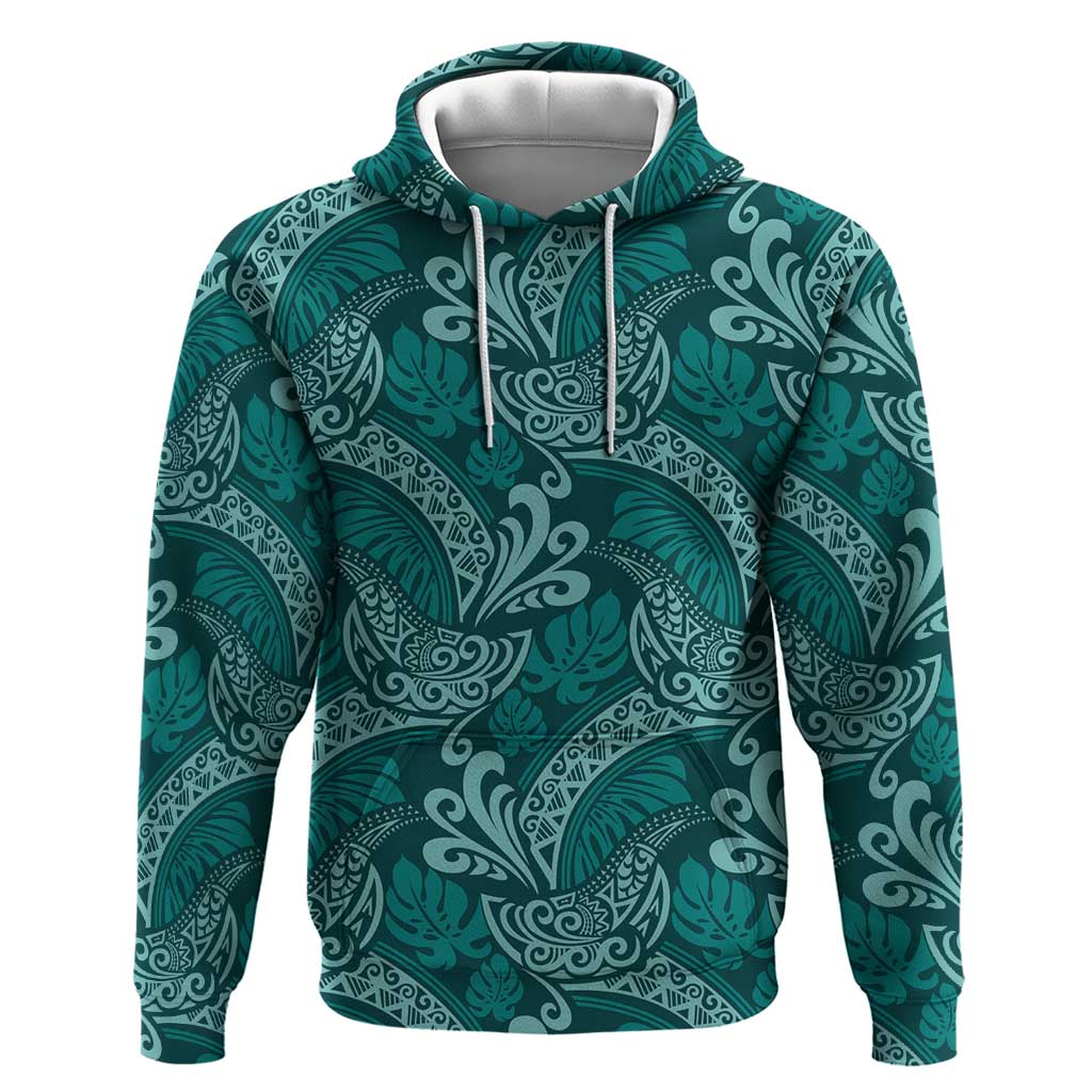 Teal Monstera Zip Hoodie Polynesian Tribal Pattern - Polynesian Pride