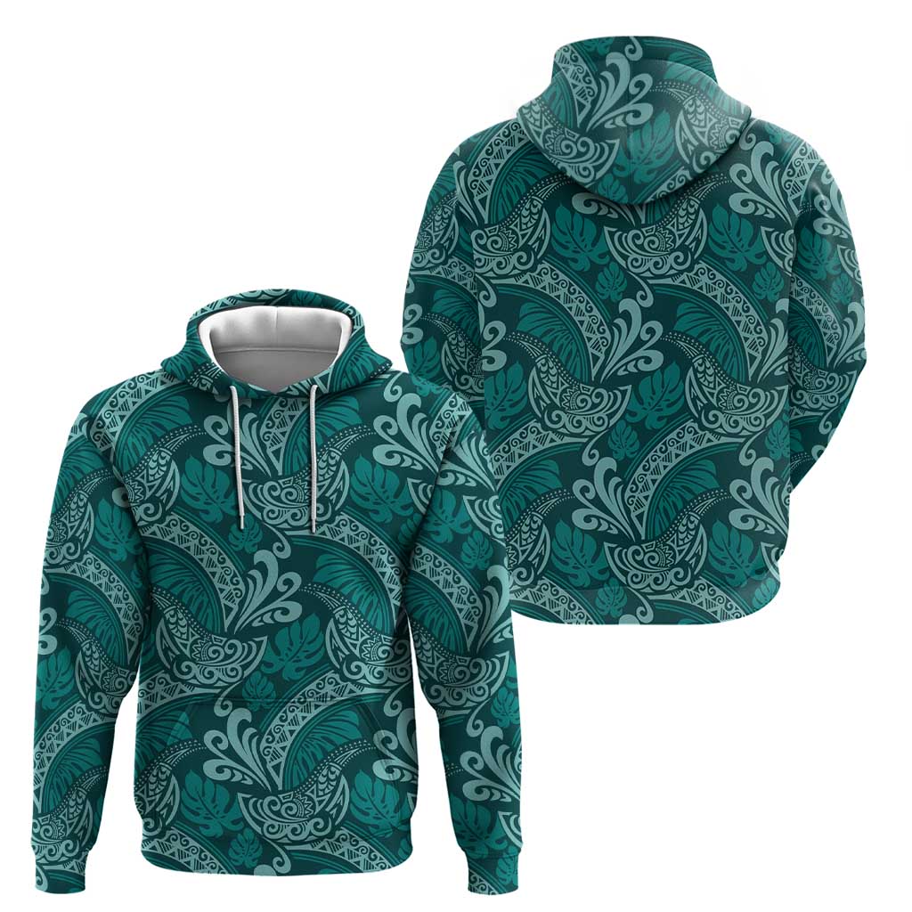 Teal Monstera Zip Hoodie Polynesian Tribal Pattern - Polynesian Pride